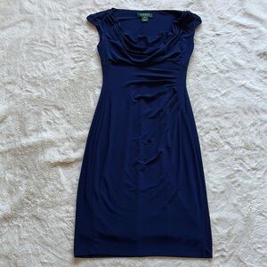 Ralph Lauren Navy Blue Draped Sheath Dress Cap Sleeve Ruched Midi Classic Size 2